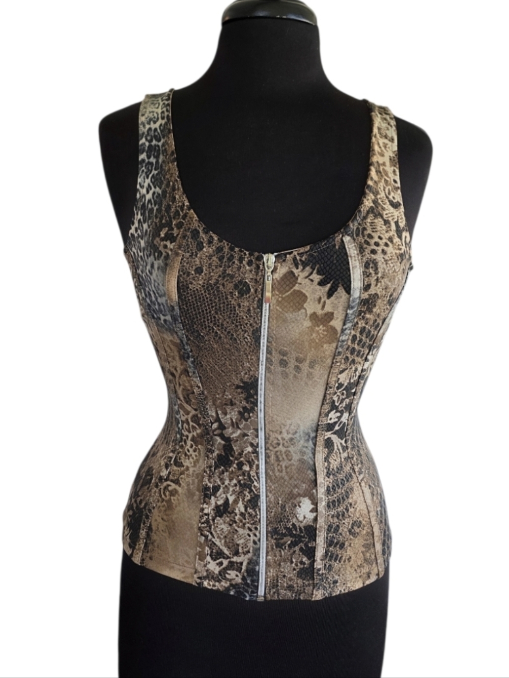 Vintage Sweet Y2K Corset Tank Brown Tan Snake Print Zip-Front Tank Top Small